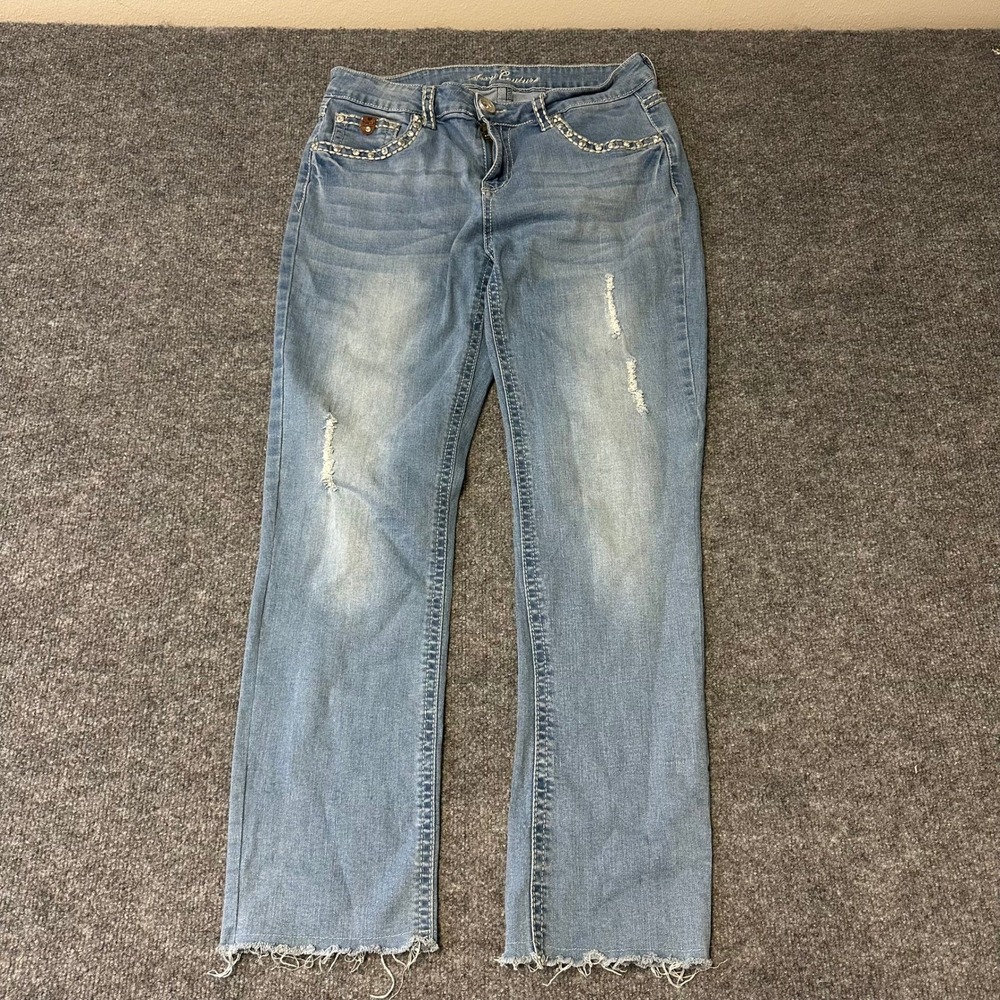 Sexy Couture Jeans Womens Size 15 Blue Embellished Rhinestone Raw Hem Distressed